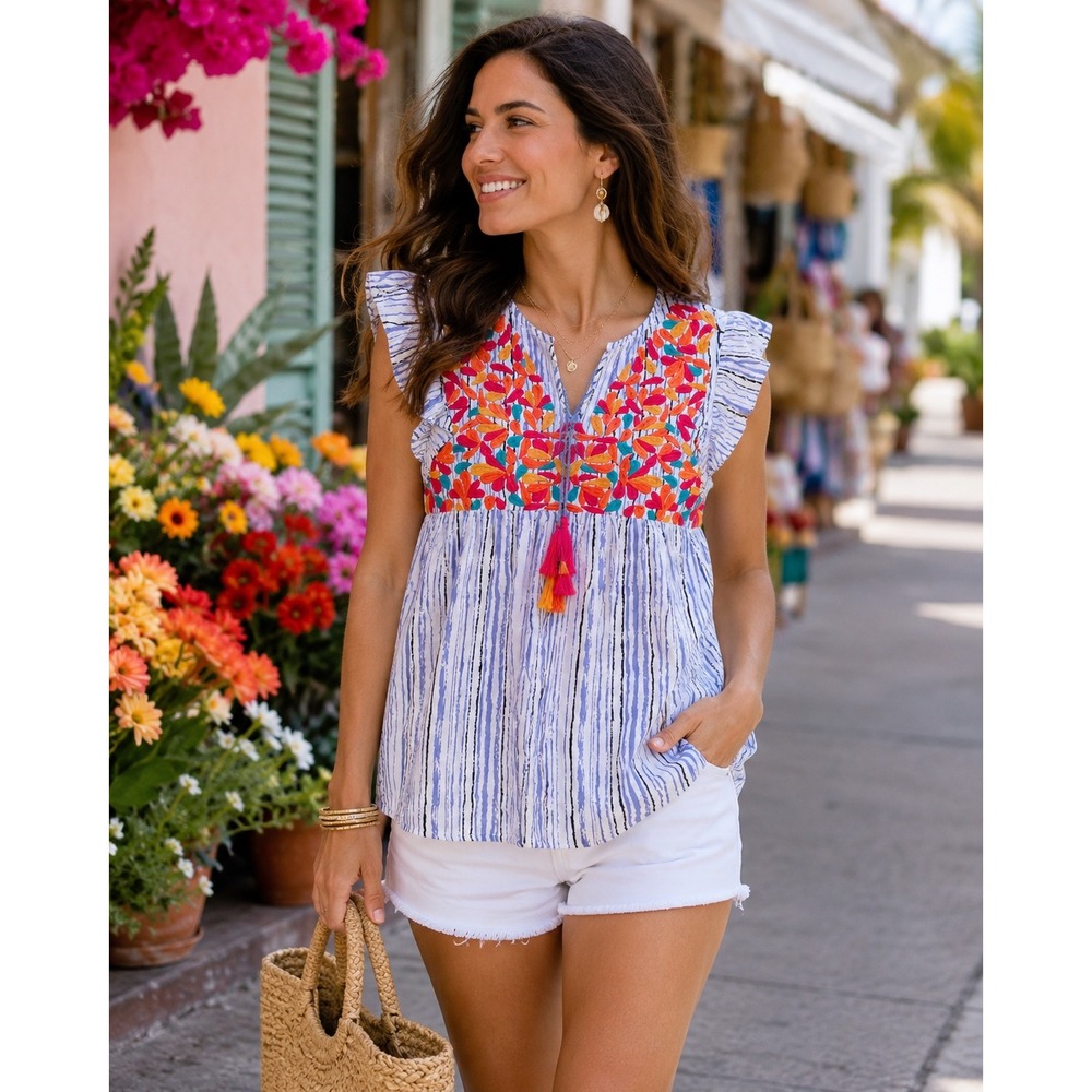 THML Small Embroidered Babydoll Top Blue Stripe Flutter Sleeve Boho Peasant